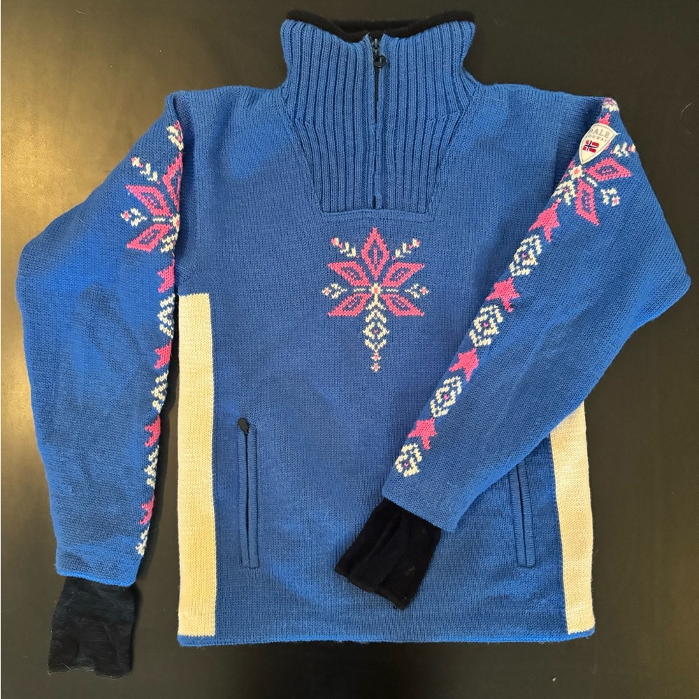 Dale of Norway sweater with wind proof liner and two zipper pockets.